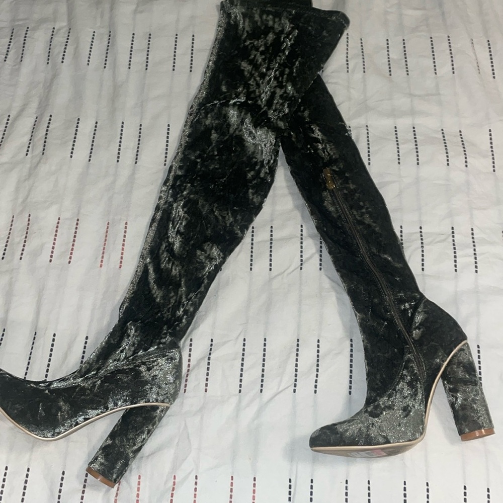 Thigh high sage green velvet heels